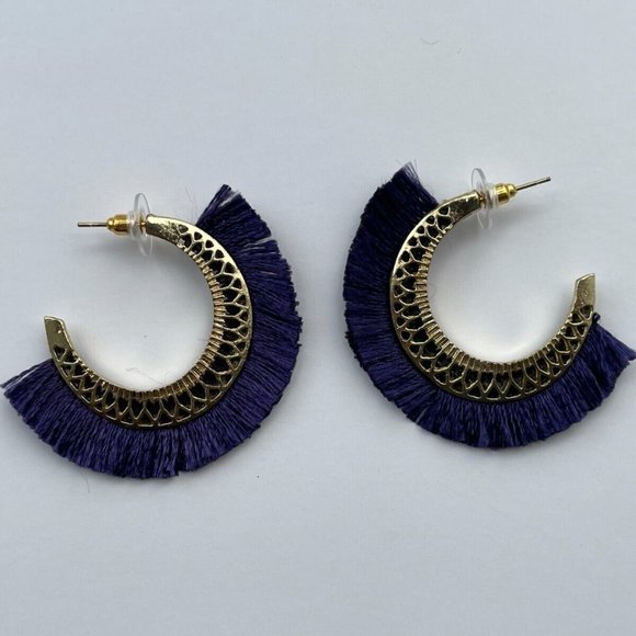 AREA Jewelry Earrings Gold Tone hoops Post Purple Fringe Fabric - Picture 6 of 12